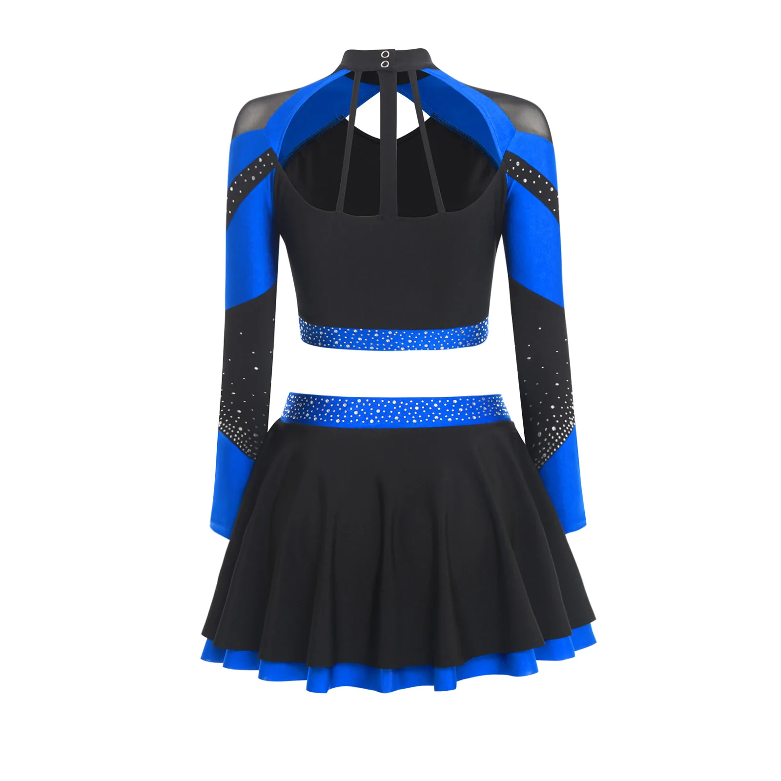 Womens Shiny Rhinestone Cheerleading Uniform Dance Costumes Long Sleeve Hollow Out Contrast Color Crop Top+Skating Skirt Outfits