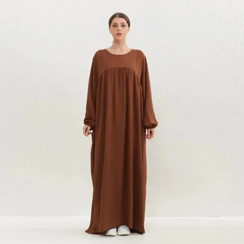 Bonny Women Pocket Maxi Dress: Loose Full Sleeve O-Neck Solid Robe Muslim Long Dress Spring Autumn