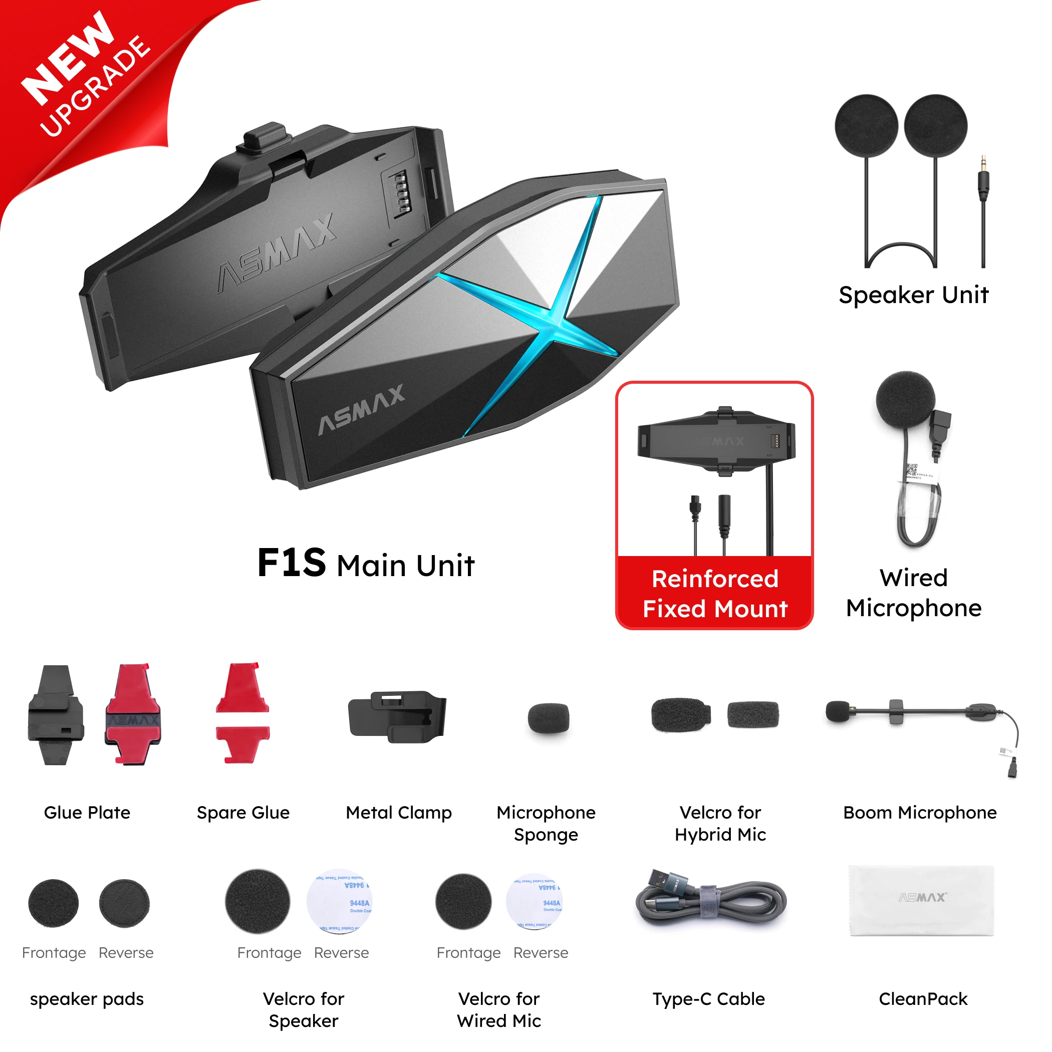 ASMAX F1S Motorfiets Bluetooth Intercom voor 10 Rijders, Spraakbesturing, BT 5.3 Helmcommunicatie, Hi-Fi Geluid, Geen Magnetische Basis