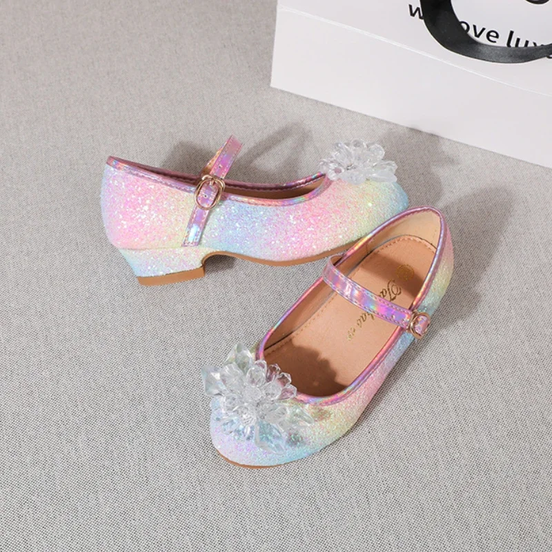 Children Princess Shoes Glitter Performance Shoes for Girl with Heels Fashion Rainbow Kid Rhinestones Wedding Party Leather Shoe