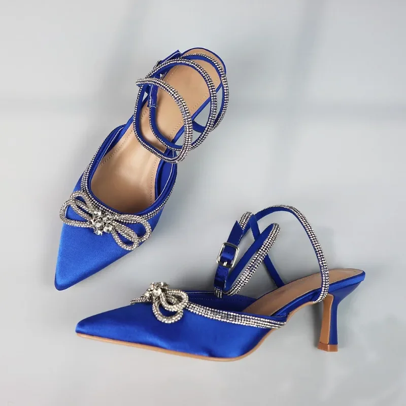 

Women High Heels Pumps Wedding 2024 Shiny Bow Knot Mules Pointed Stilettos Fashion Slingback Blue Sexy Summer Female Party Shoes