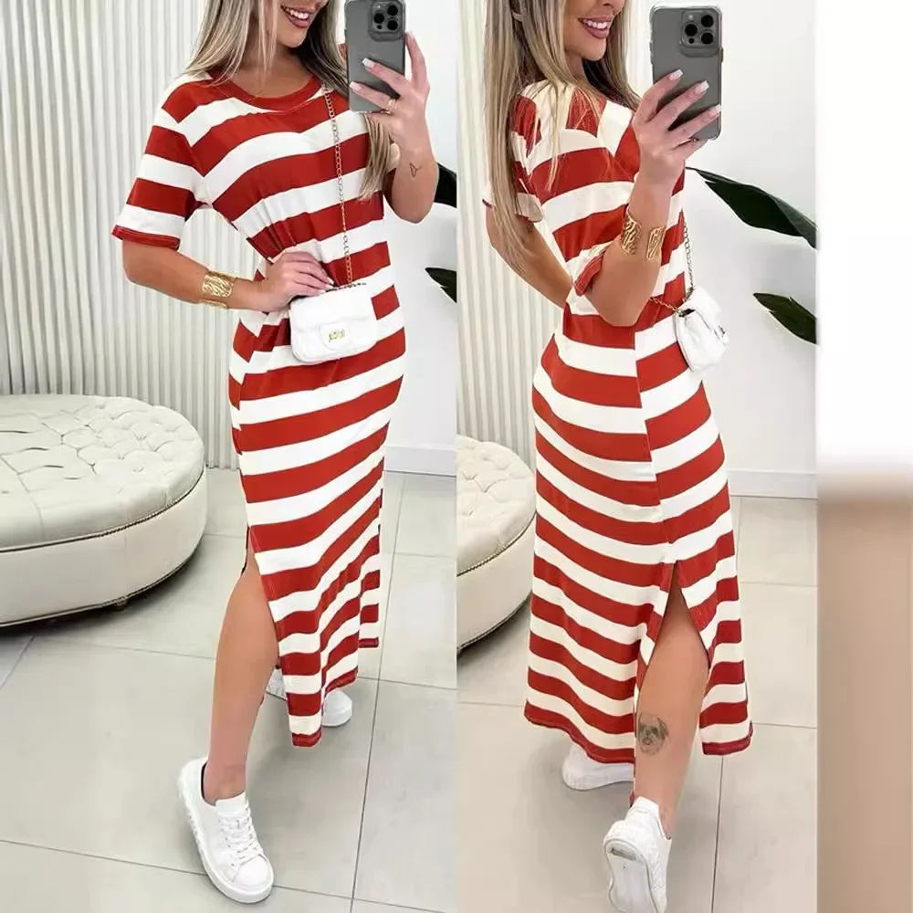 Striped Side Slit Casual Dress Women O Neck Short Sleeve High Waist Ankle Length Dress Summer Slim Fit