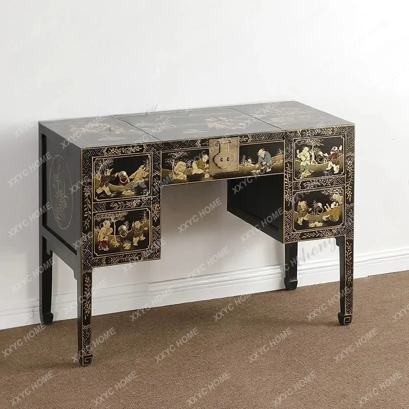XX New Chinese dresser hand-painted gold-painted black paint dresser solid wood storage clamshell classical furniture