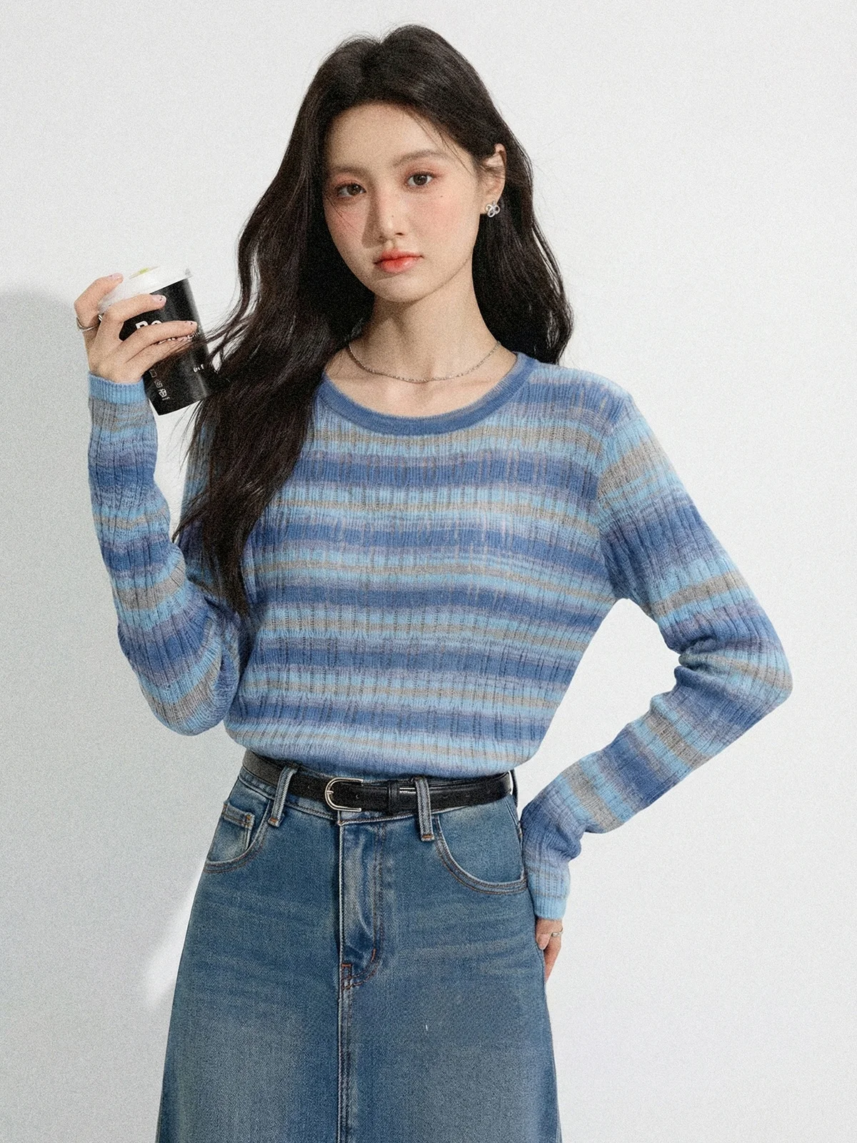 

Blue Slimming Base Layer Knitted Shirt Women's round Neck Stripe Long Sleeve Top Spring Fashion Casual Loose Fit Ladies' Knit...