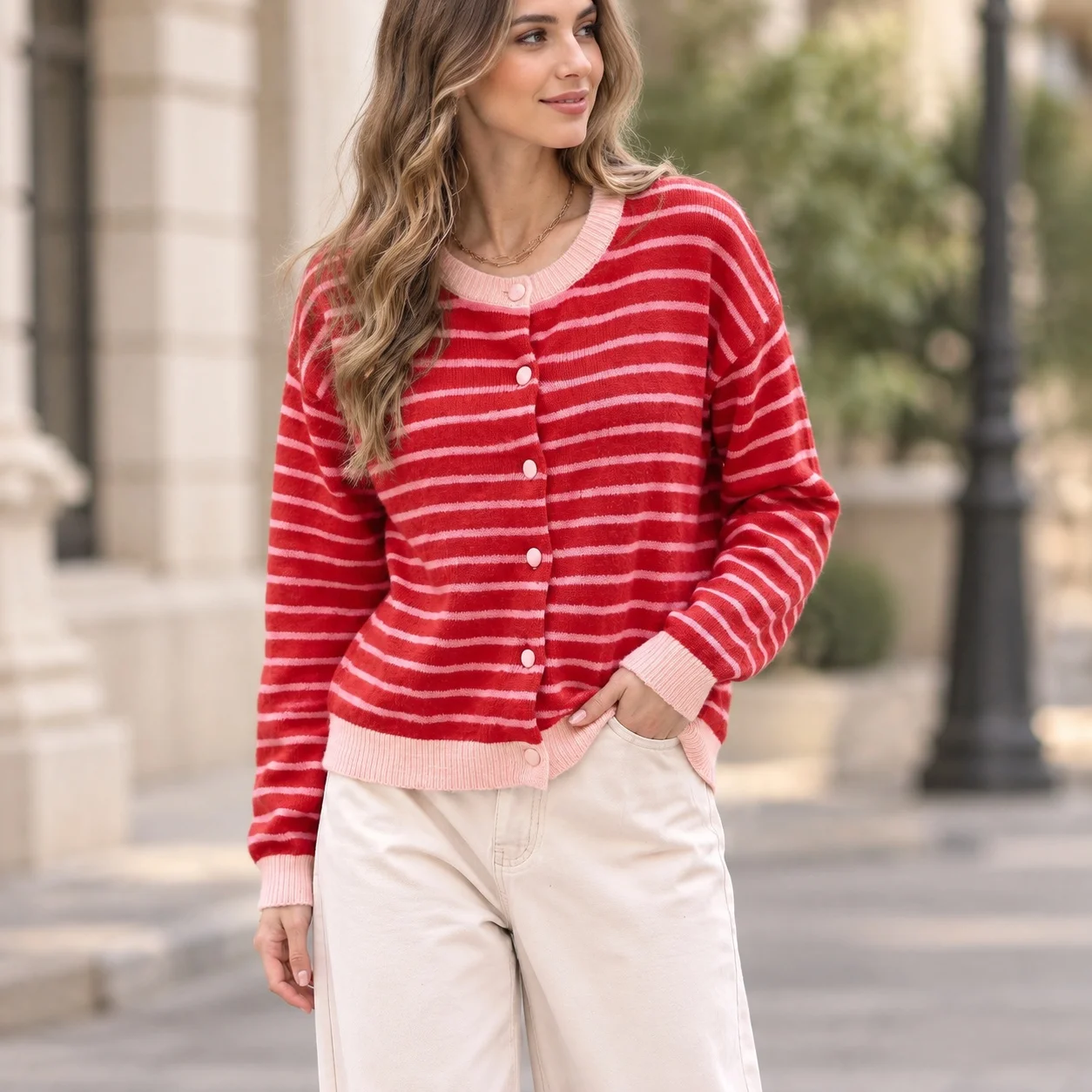 Striped Round Neck Coat with Regular Fit Sweet and Fresh Open Front Long Sleeve Button Front Gentle Style Winter Women Sweater