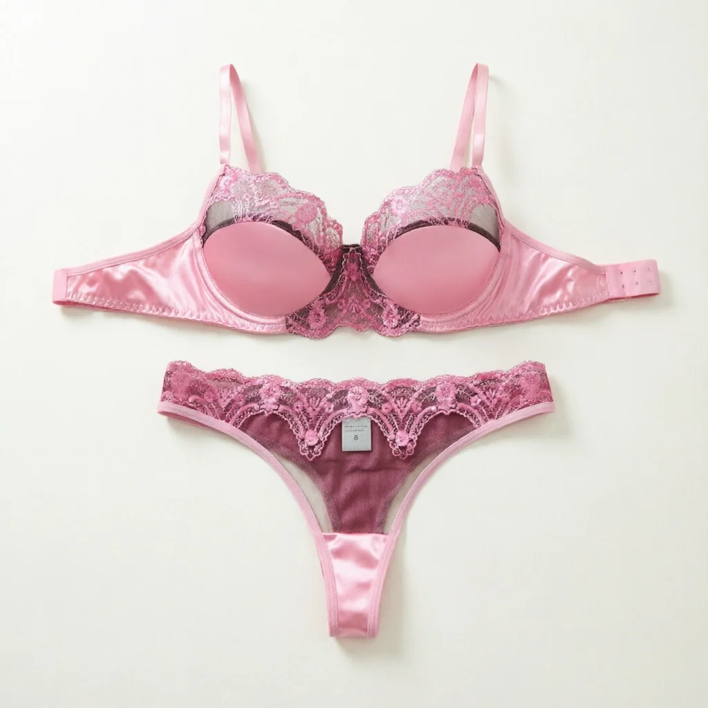 Conjunto de Lingerie Romântica Rosa com Renda para Mulheres, Sutiã Balconette Almofadado + Tanga Transparente com Acabamento em Cetim, Roupa Íntima para Noite Romântica/Dia dos Namorados ZA824289