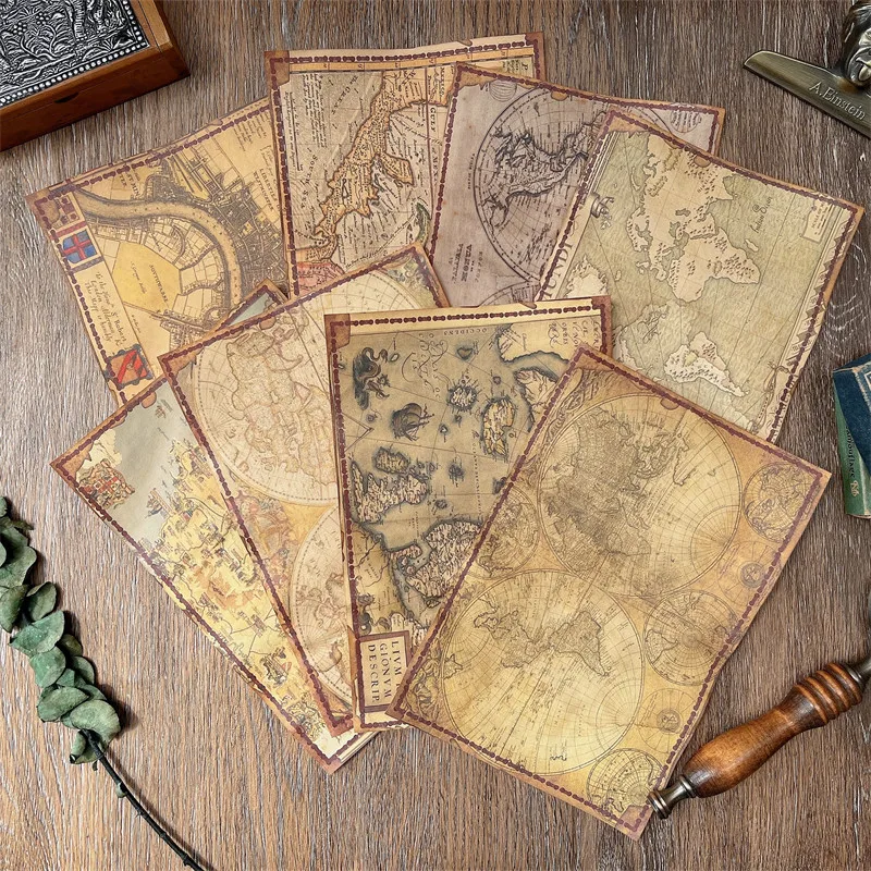 8Pcs Vintage Nautical Map Coffee Dyed Paper A5 Medieval Navigation Ephemera Junk Journal Scrapbooking Background Material Pack