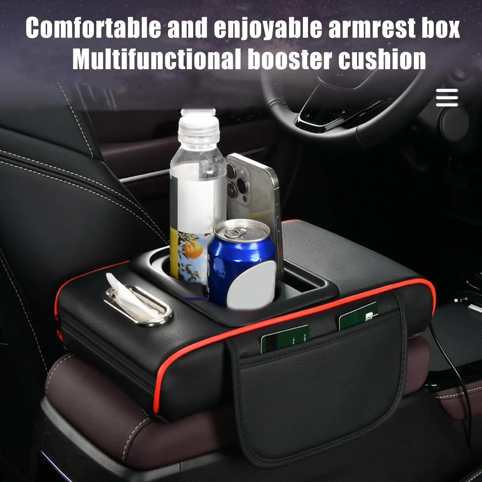 Car Armrest Box Booster Mat with Cup Holder Phone Slot Car Interior Center Elbow Rest armrest pad Car Center Console Organizer