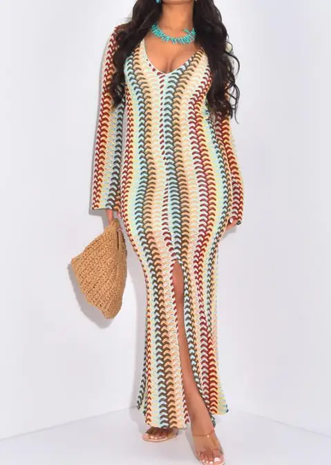 Robe à manches longues pour femmes, mode automne, blocage de couleur, épissage, imprimé géométrique, col en v, coupe cintrée, robe moulante aux hanches