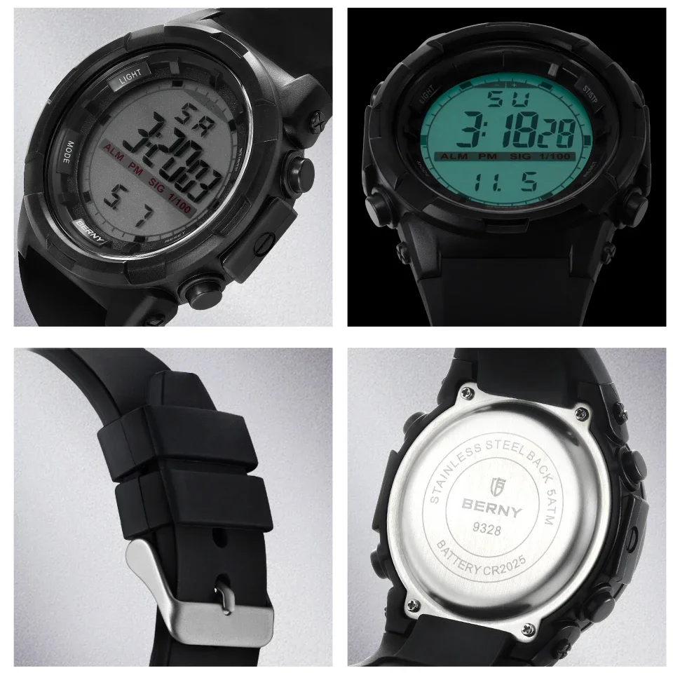 BERNY Men's Digital Electronic Watch Sports Super Luminous 49mm 5TM Waterproof Timekeeping Alarm Silicone Calendar Male Watch
