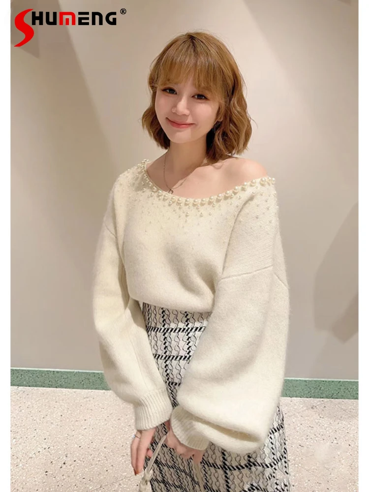 

Japanese Gentle Commuter Beaded Off-Shoulder Batwing Sleeve Pullover Solid Color Casual Loose Knitted Sweater Top Women Autumn