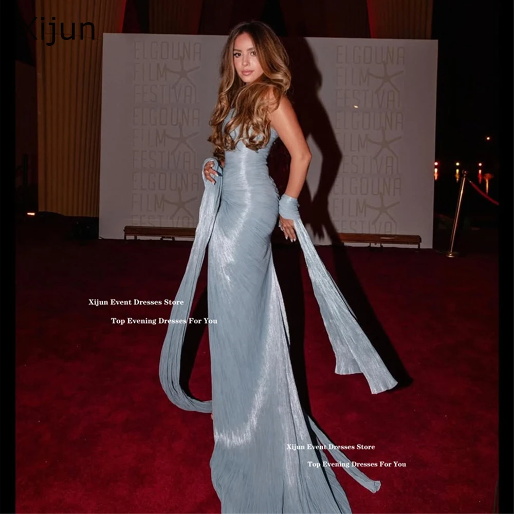 

Xijun Luxury Baby Blue Evening Dresses Sleeveless Pleated Split Formal Mermaid Prom Dresses Dubai Prom Gowns Women Customized