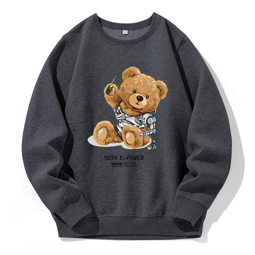 Please Repair Me To100% E-Power Teddy Bear Men Hoodies Crew Neck Basic Hoody Loose Oversize Hoodie Casual All Match Sweatshirt