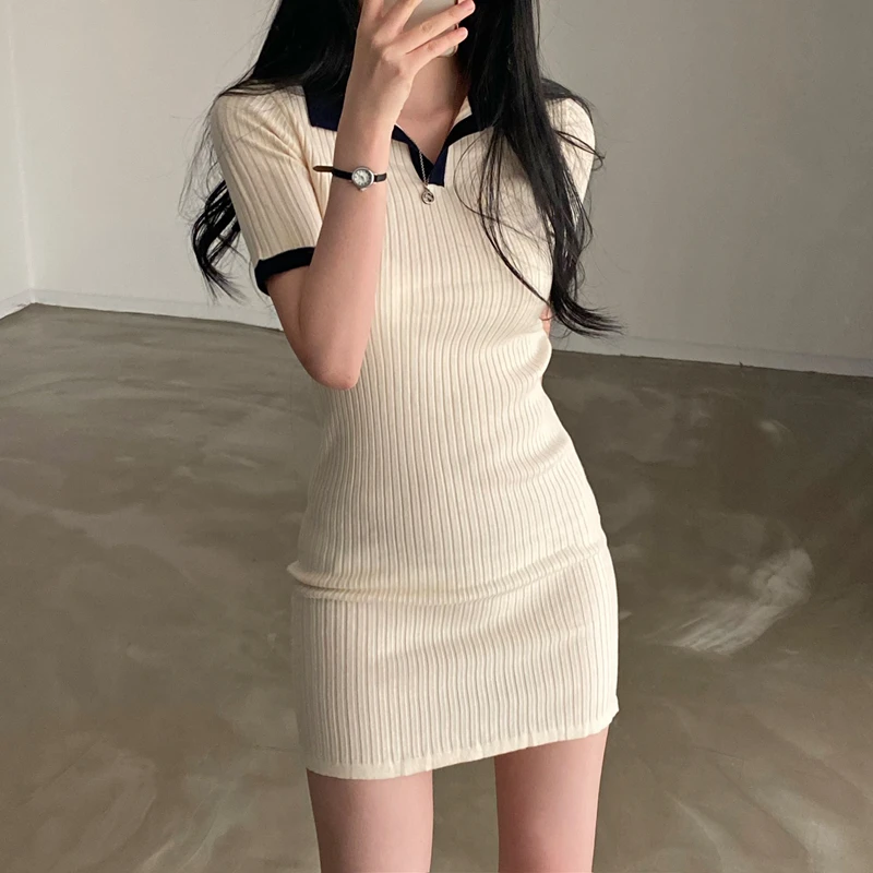 Chic Short Sleeve Neck Knitted Dress Bodycon Skirt for Women Summer 2026 Korean Style Spicy Girl Fashion Trend