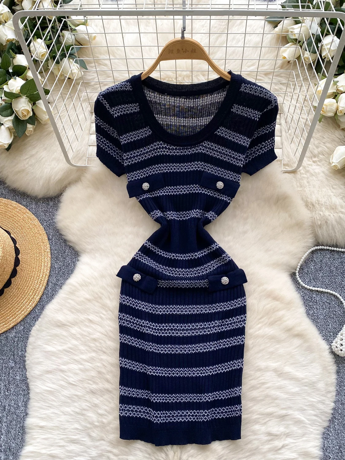 

Chic Fashion Striped Women's Summer Slim-fit Thin Knitted Bodycon Mini Dress Party Club Streetwear