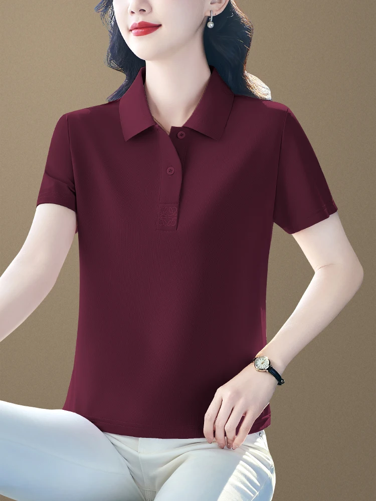 

Pure Color ort Sve Women's irt Casual Summer Faion Midlife Mom's Sle Turn-down Collar Versatile Leisure Top