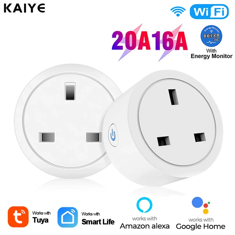 Tuya WiFi Smart Socket, Plug UK, Tomada Sem Fio, Monitor de Energia, Controle de Voz, Trabalhar com Alexa, Google Home, 20A, 16A