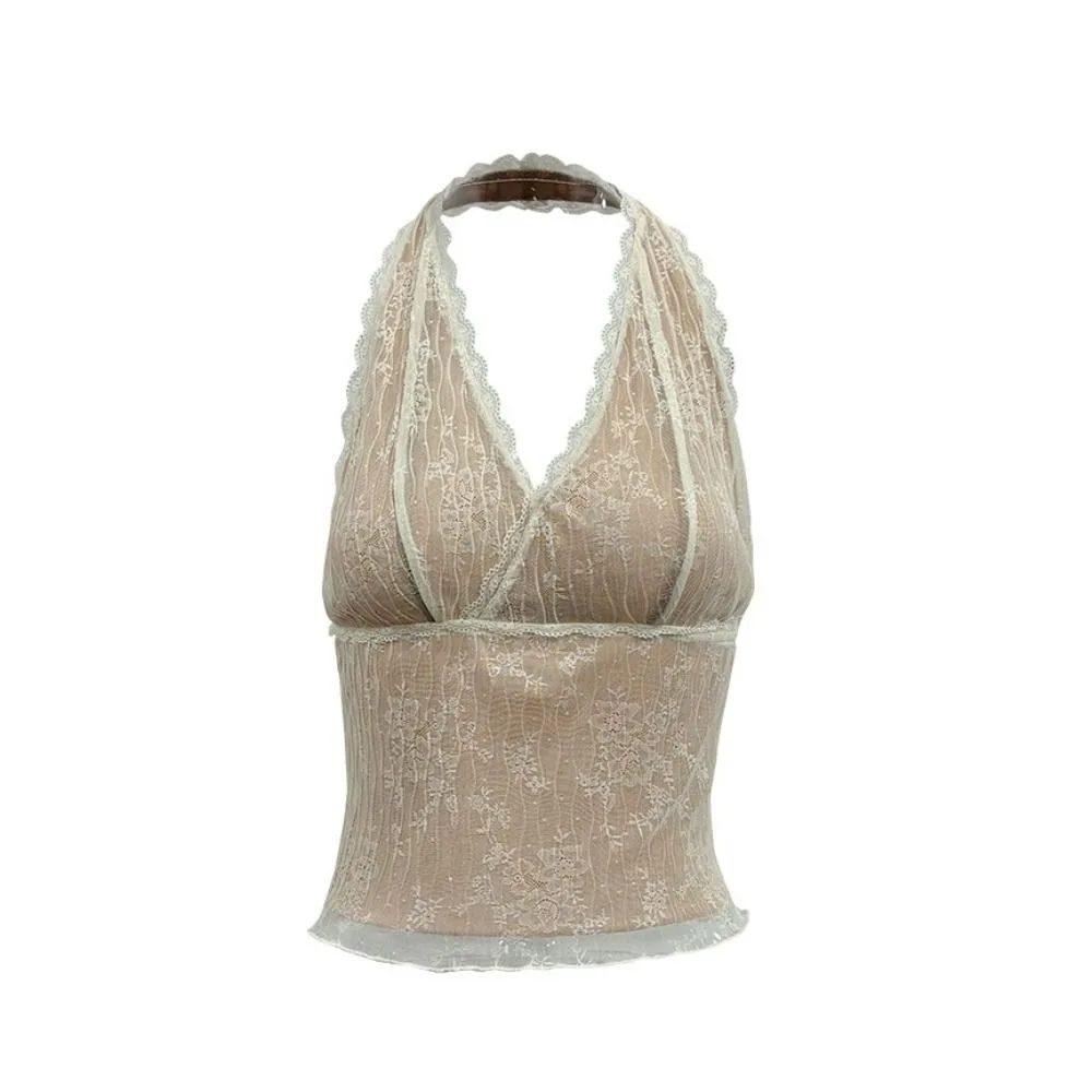 

Polyester Halter Lace Tank Tops Sleeveless Hanging Neck Style V Neck Backless Shirts Camisole Thai Style Elegant Lace Lace Top