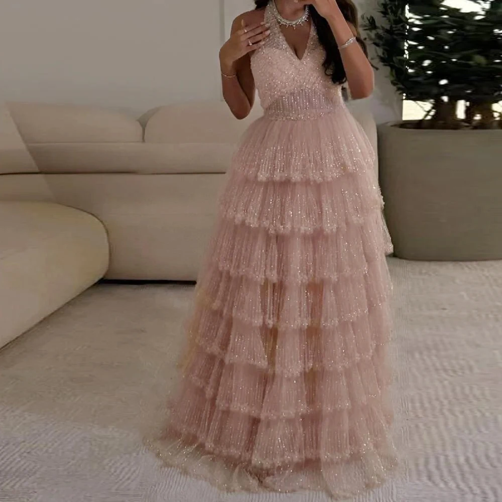 Customized Halter Ruffles Tiered Prom Dress Beaded Sequin Embroidery Formal Maxi Dresses Multi Layer فساتين سهر