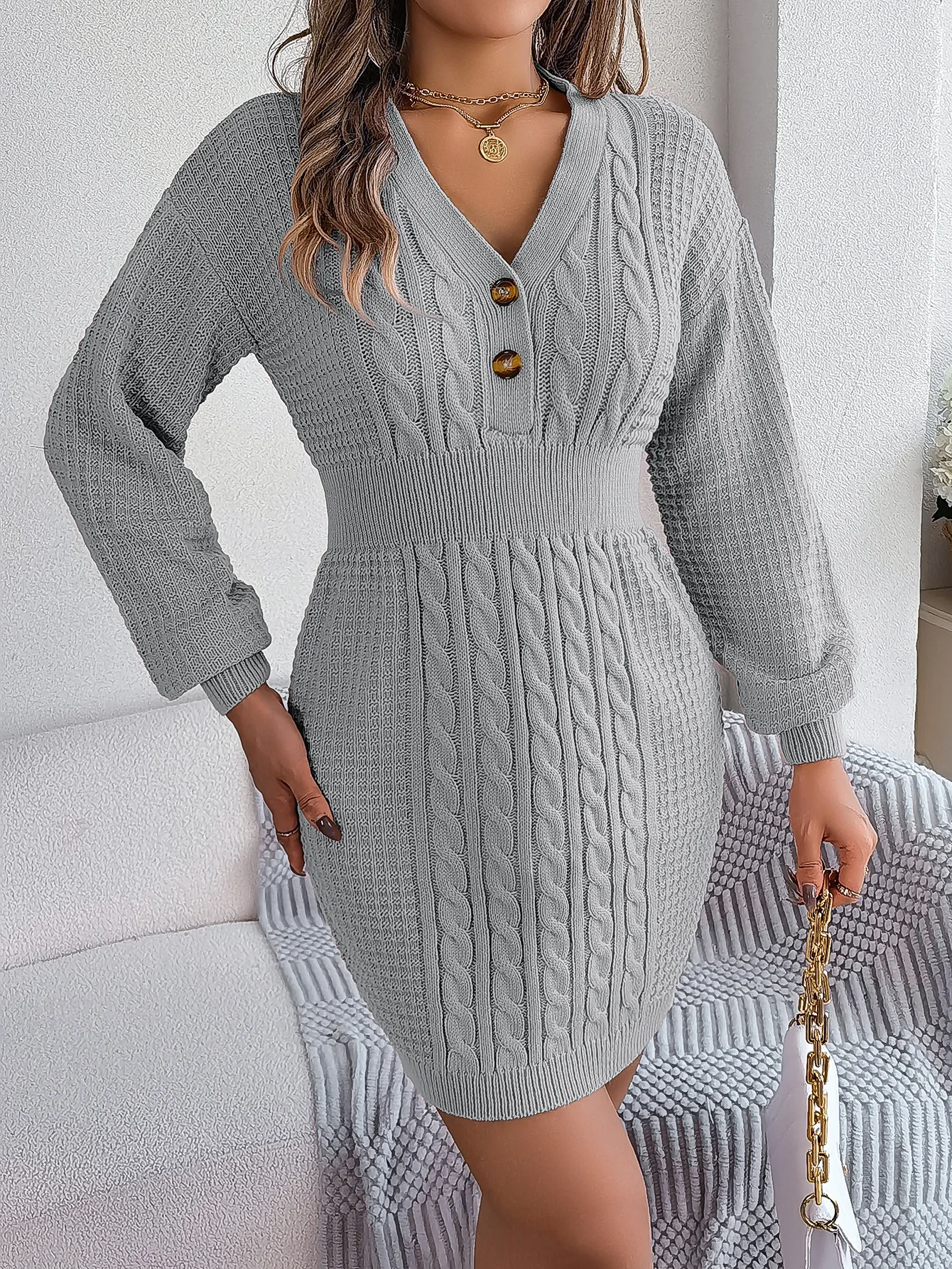 Women\'s Long Sleeve Knit Sweater Dress, Casual V Collar, Buttons, Knitted Pullovers, Sweaters, Autumn, Winter, 2022