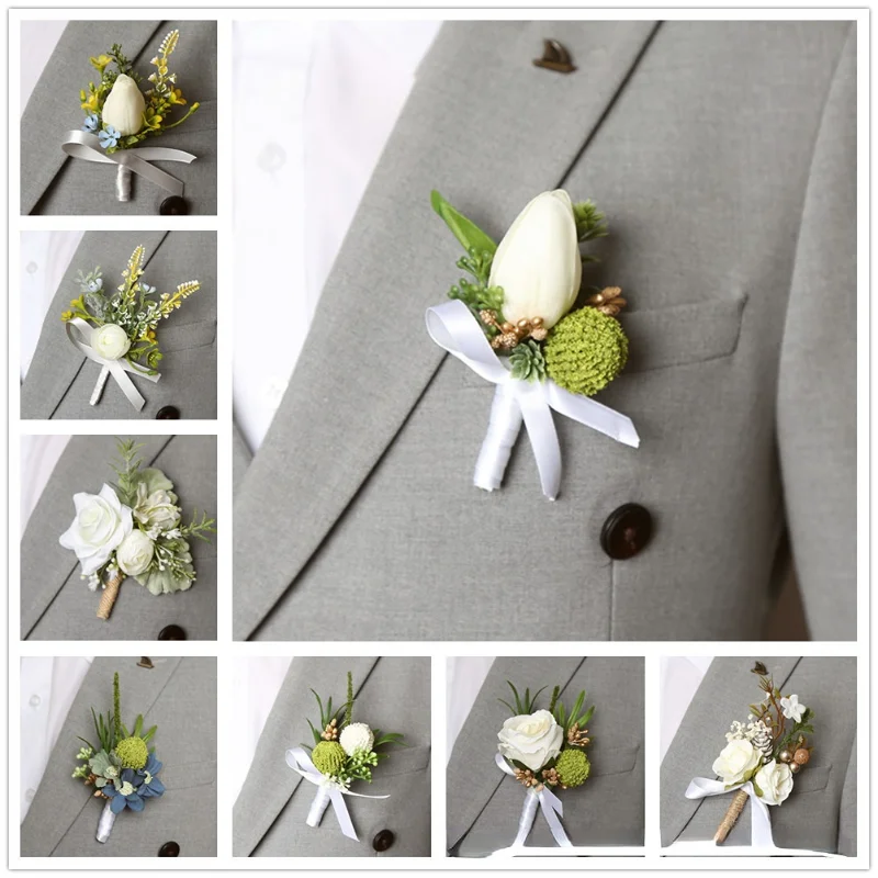 Boutonnieres artificiales para boda, ramillete de muñeca para boda, accesorios de ceremonia, 2023