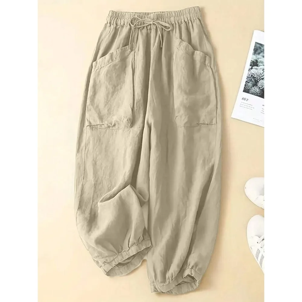 

Женские повседневные универсальные однотонные брюки с эластичной резинкой на талии больших размеров, модные удобные брюки на шнурке, подходящие для поездок на работу