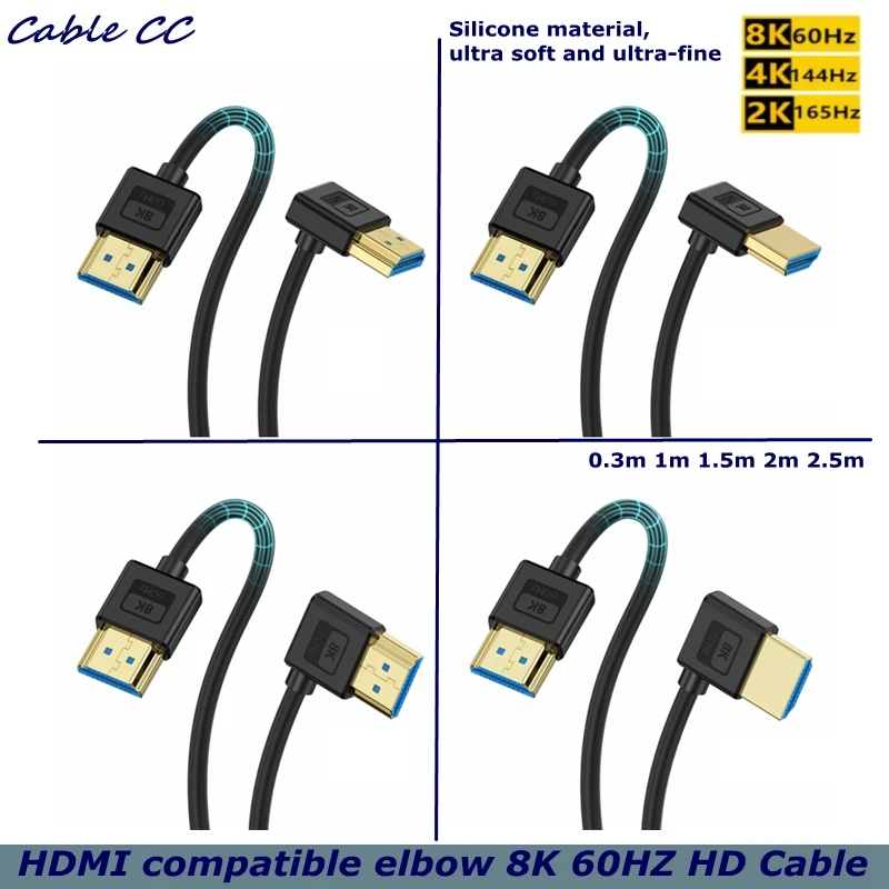 0.3M 2M Version 2.1 HDMI-compatible With Silicone Flexible 90 Degree Angle Thin Wire Supports 10K96Hz/8K 60Hz/4K240HZ/4K144HZ