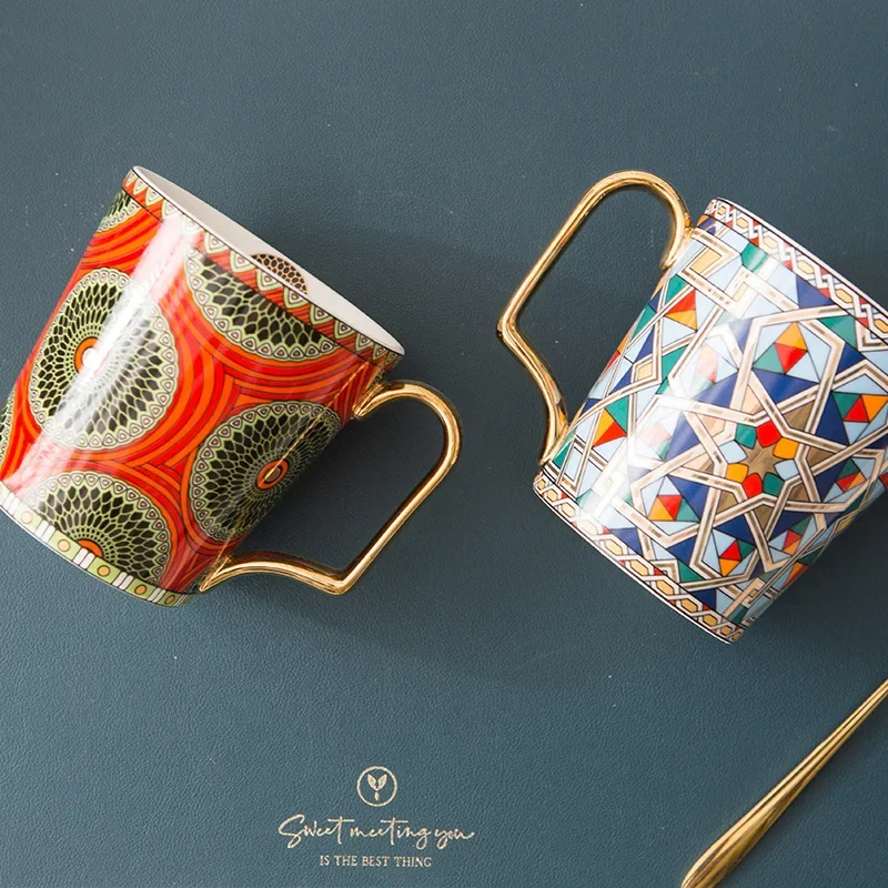 Moroccan Geometric Coffee Mug High Grade Ceramic Office Breakfast Tea Cup and Saucer Set Luxury Afternoon Tea Cup Couple Gift