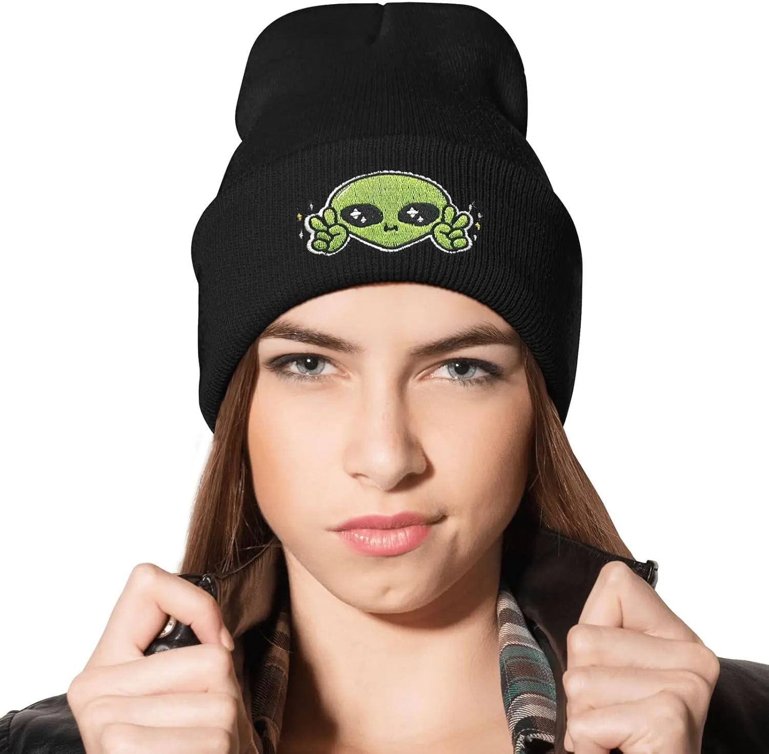 Cute Alien Peace Embroidery Beanie Hat for Men Women Winter Warm Stretch Skull Knit Hats Cap Black 3