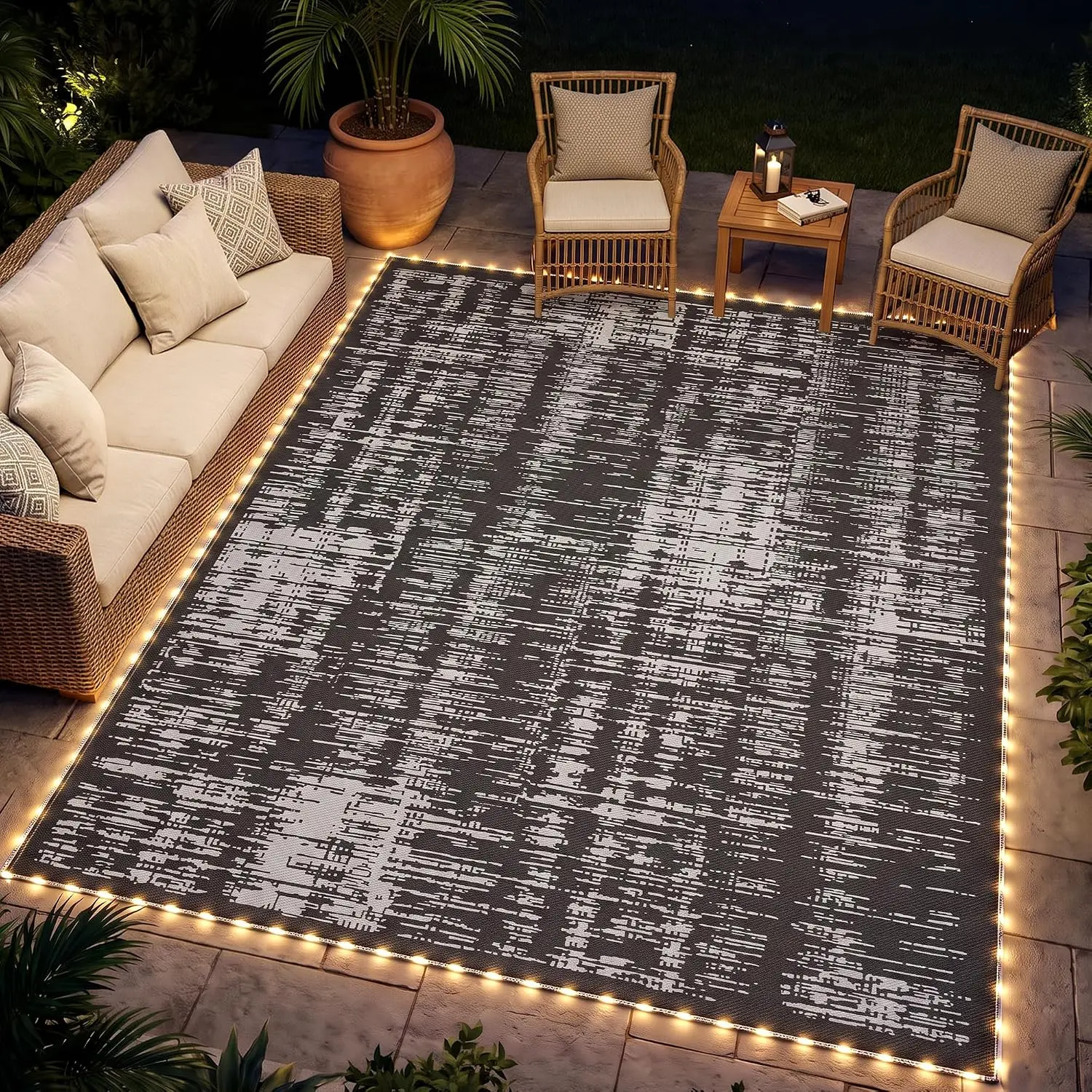 Reversible Outdoor Rug Carpet, PP Straw Portable RV Camping Mat with LED Lights, Carry Bag and Ground Stakes, for Backyard Deck Picnic Beach