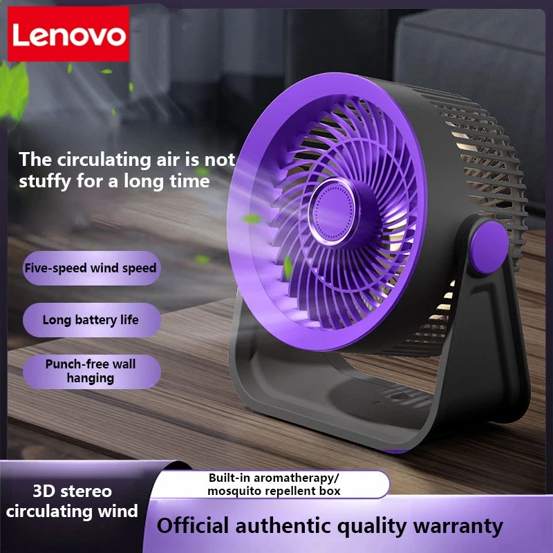 Lenovo Mini Portable Fan USB Desk Fan Rechargeable Table Fan Ceiling Fan 5 Speeds Powerful Wind Foldable Camping Fan