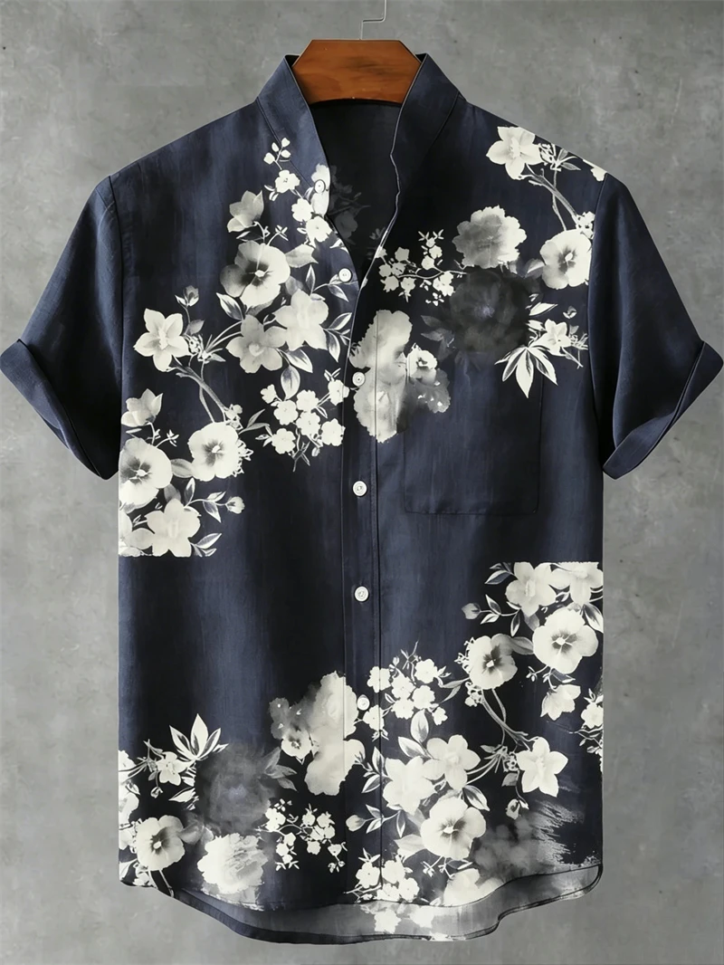 Men's tropical neon landscape print short-sleeved shirt, suitable for summer parties and daily wear