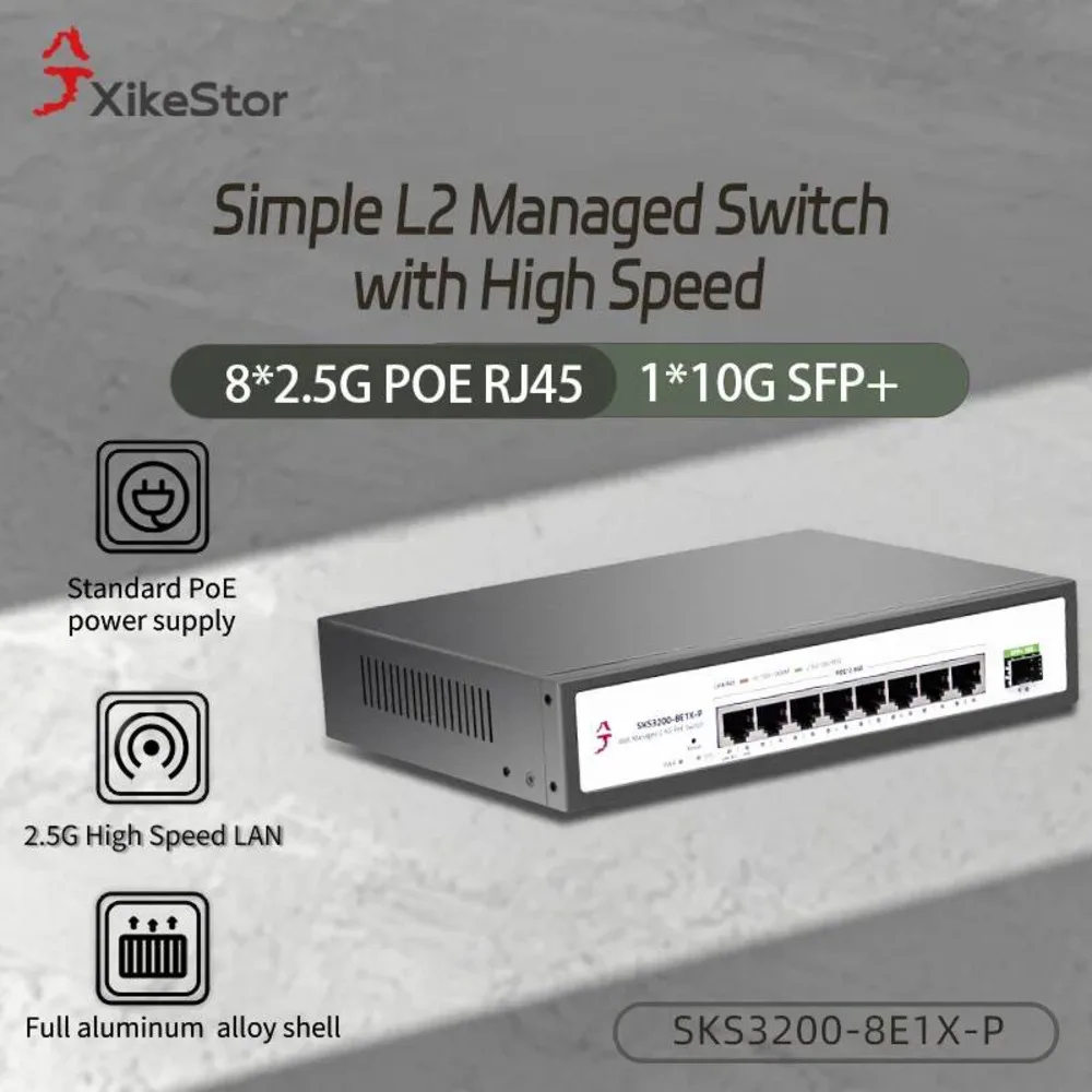 Xikestor 2.5G L2 Fiber Switch Simple Managed POE 8*2.5G + RJ45 1*10G SFP+ Ethernet Switch Support VLAN Division +Cooling Shell