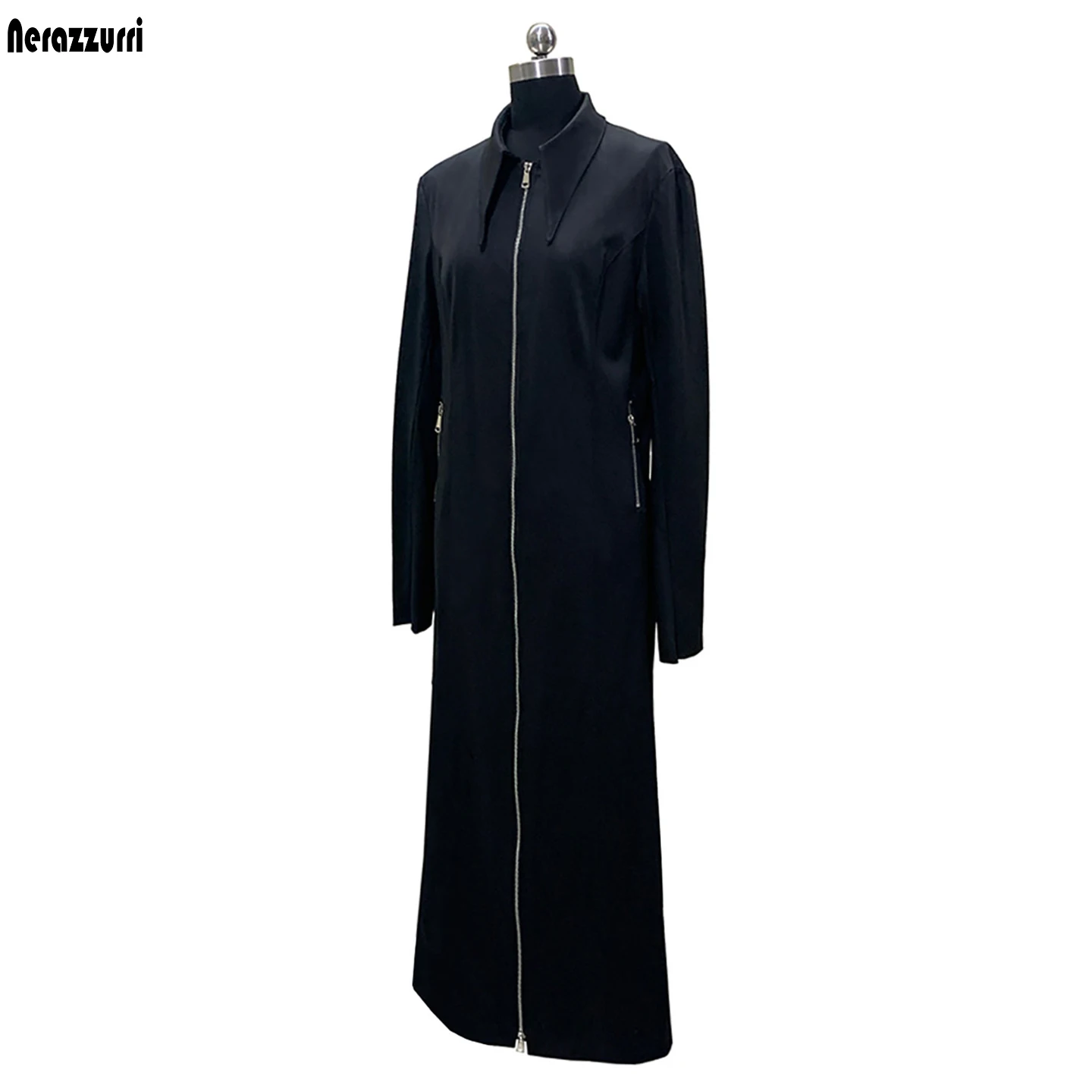 Nerazzurri Autumn Extra Long Luxury Fitted Matte Black Pu Leather Overcoat for Women Turn-Down Collar Zipper Clothes Overcoat