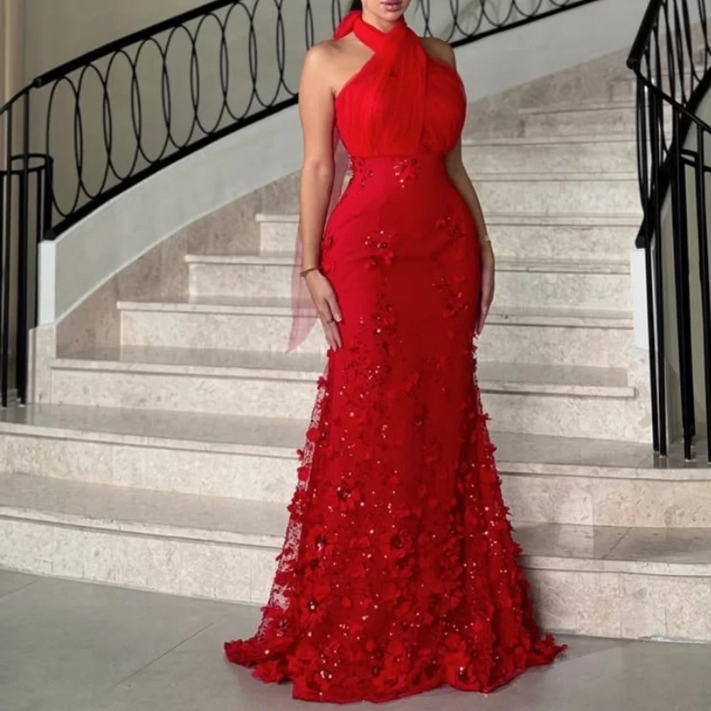 

Customized Mermaid Sequined Sweep Train Backless Prom Gowns Halter Criss-Cross Draped Red Evening Dresses Appliques Party Dress