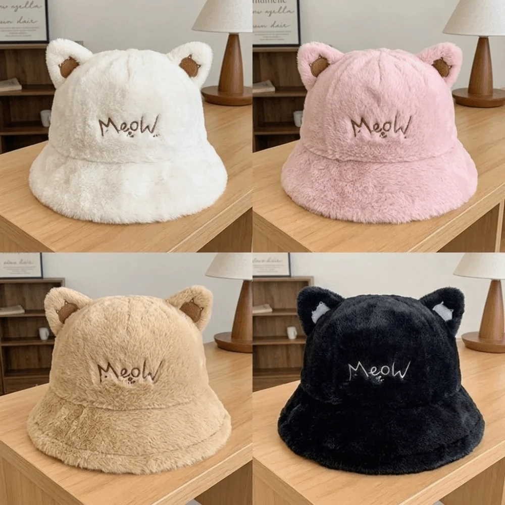 Face Slimming Cat Ear Bucket Hat Earflap Ear Protection Fuzzy Hat Warm Lining 56-58cm Head Circumference Winter Warm Hat
