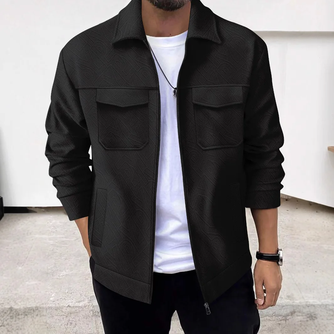 Men's Casual Jacquard Lapel Zipper Jacket, a Trendy and Versatile Coat for Young People
