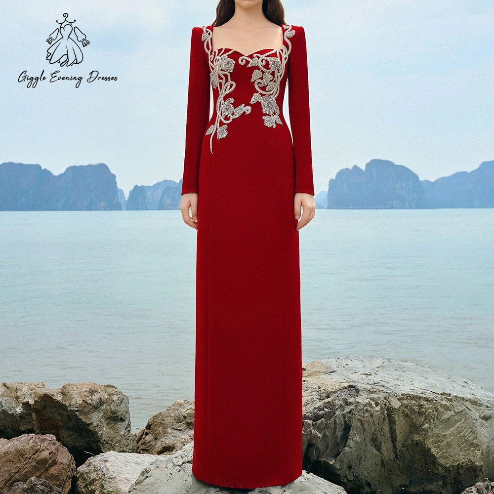 Giggle saoudien arabe à manches longues tache robe de soirée cristaux élégant robe formelle rouge fête de mariage robe de bal de mariage personnalisé