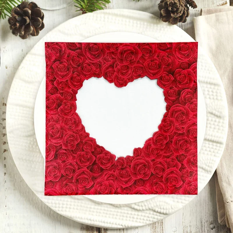 Valentine's Day Rose Heart Coloured Printed Napkins Proposal Engagement Party Tissue Paper Food Grade 2 Ply Unscented Napkins