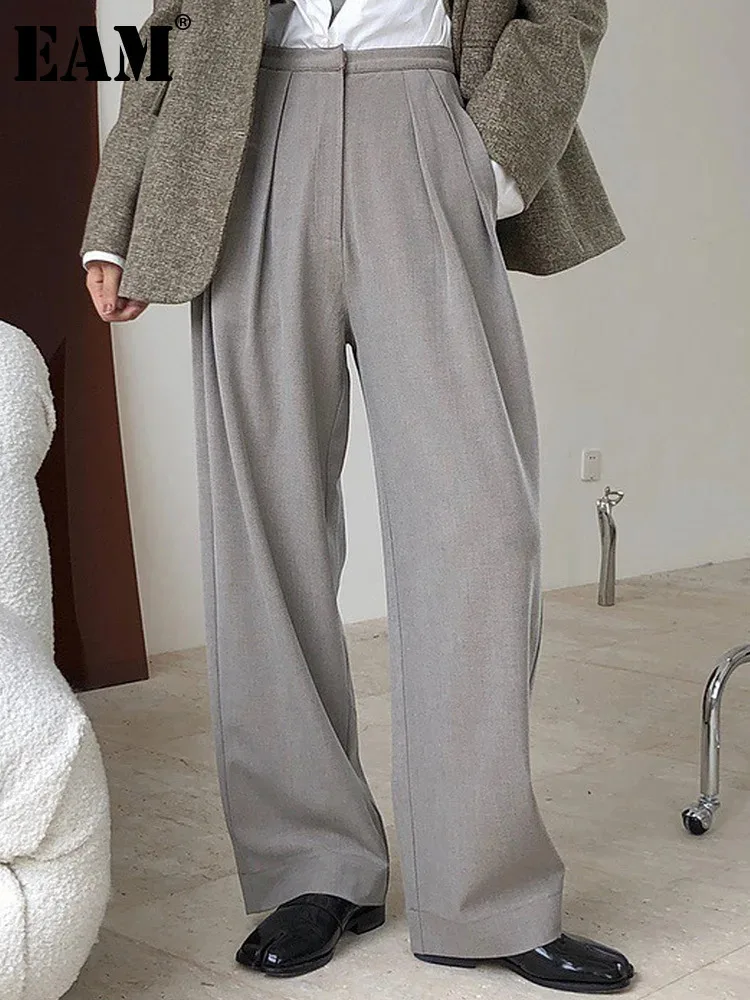 

[EAM] High Waist Gray Pleated Wide Leg Casual Long Pants New Loose Fit Trousers Women Fashion Tide Spring Autumn 2024 1DF4477