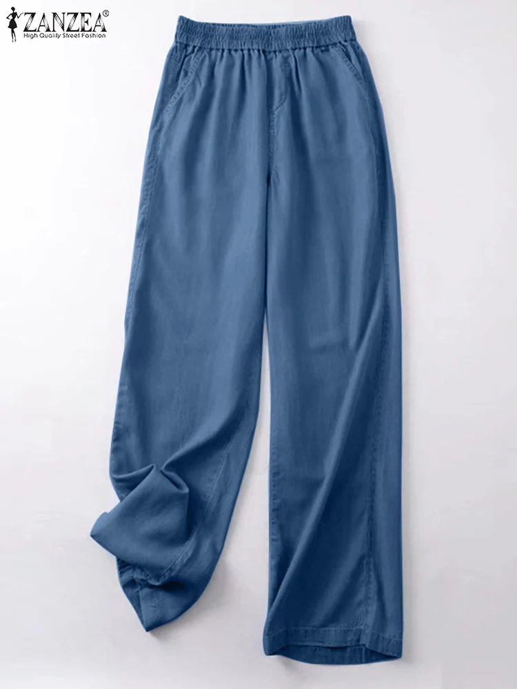 

ZANZEA Vintage Denim Blue Pants Women 2025 Fashion OL Bottoms Casual Palazzo Elastic Waist Pantalons Wide Leg Pants Oversized