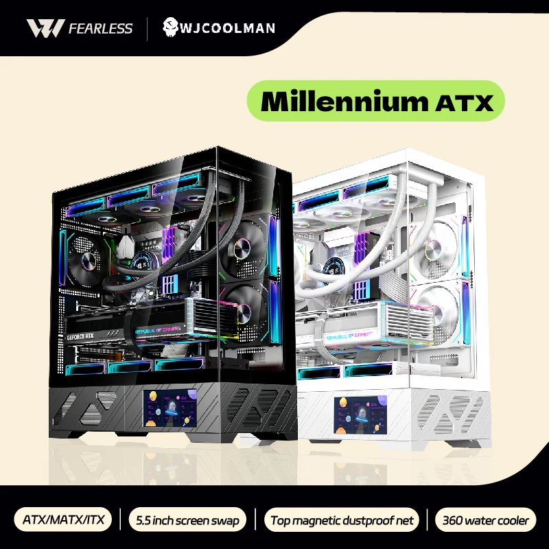 WJCOOLMAN Millennium ATX PC Case Screen/Digital Display Supports 360 Water Cooled Sea View Room Customize Screen Computer Case