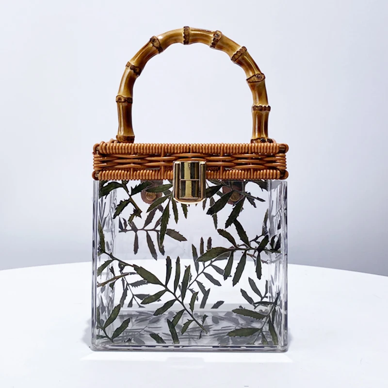 Acrylic Box Bags For Women Luxury Designer Handbag Purse 2024 New In Fashion Transparent Handmade Weave Bamboo Knot Leaves Tote