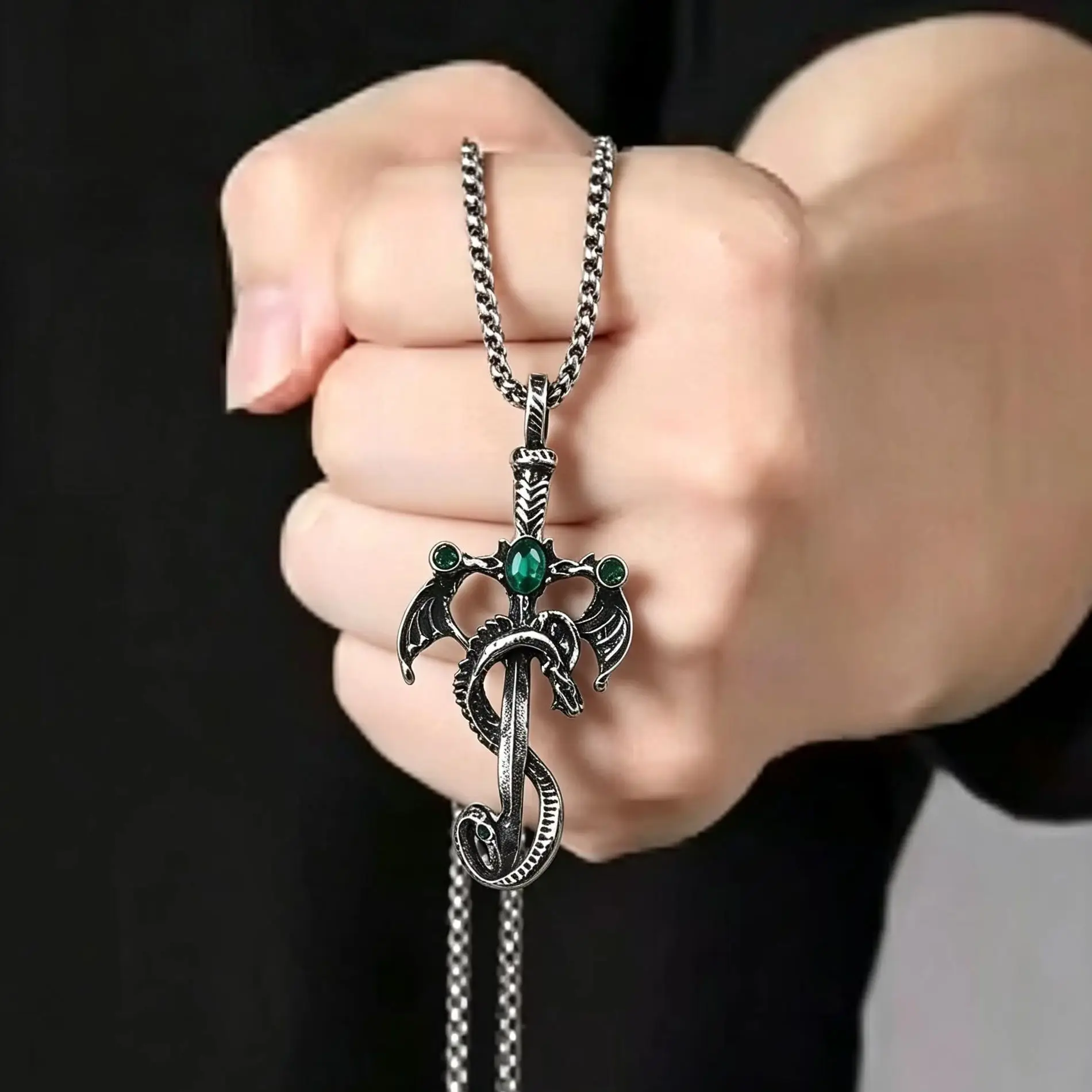Vintage Dragon Sword Pendant Necklace, Gothic Winged Dragon Cross Sword Necklace With Imitation Gemstone Men Punk Amulet Jewelry
