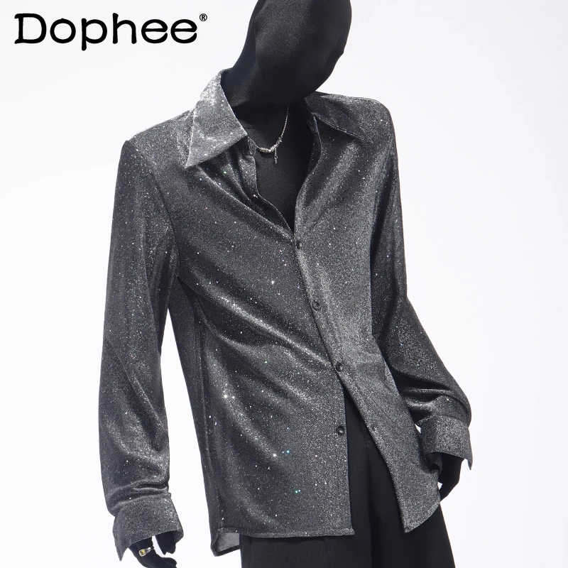 

High-end Niche Design Loose Tops Starry Sky Shirts Men's 2025 Four Seasons Wear Handsome Trendy Long-sleeve Solid Color Shirts
