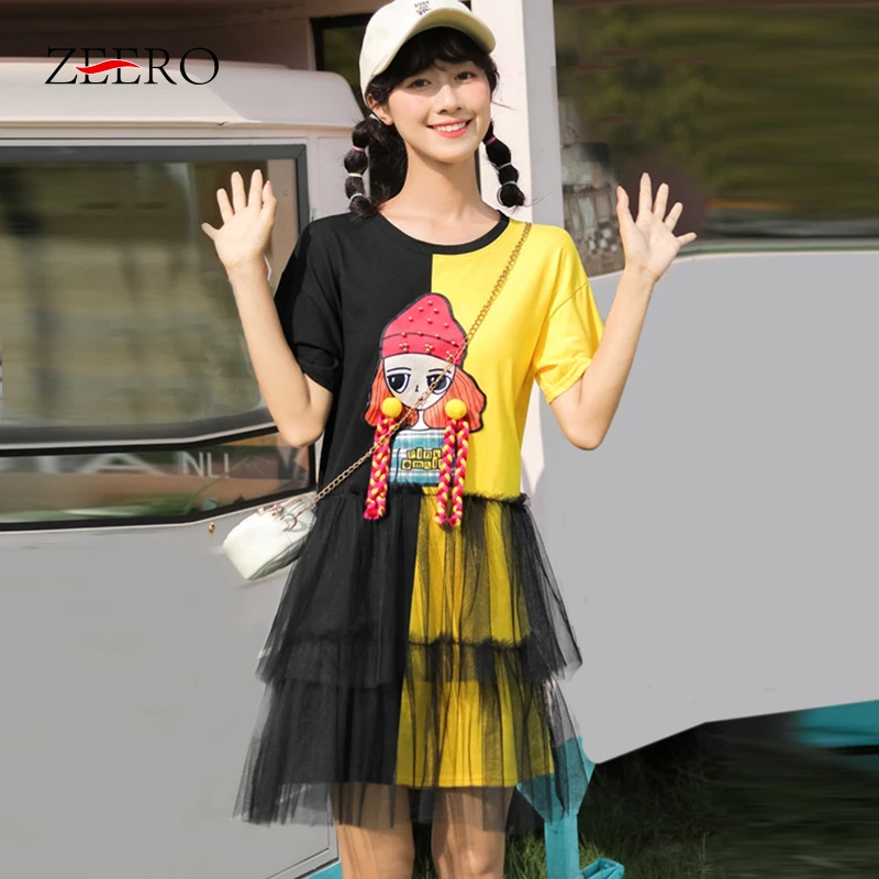 

Summer Preppy Style Women Loose Mesh Patchwork Braided Doll Print T Shirt Dresses Girl Yellow Black Casual Mini Dress