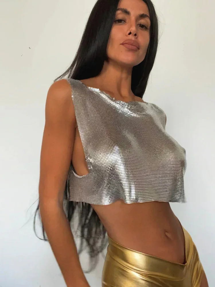 Seksowny metalowy cekinowy podkoszulek dla kobiet y2k letnia plaża krótki top z odkrytymi plecami Rave festiwalowe stroje klubowe Camisole