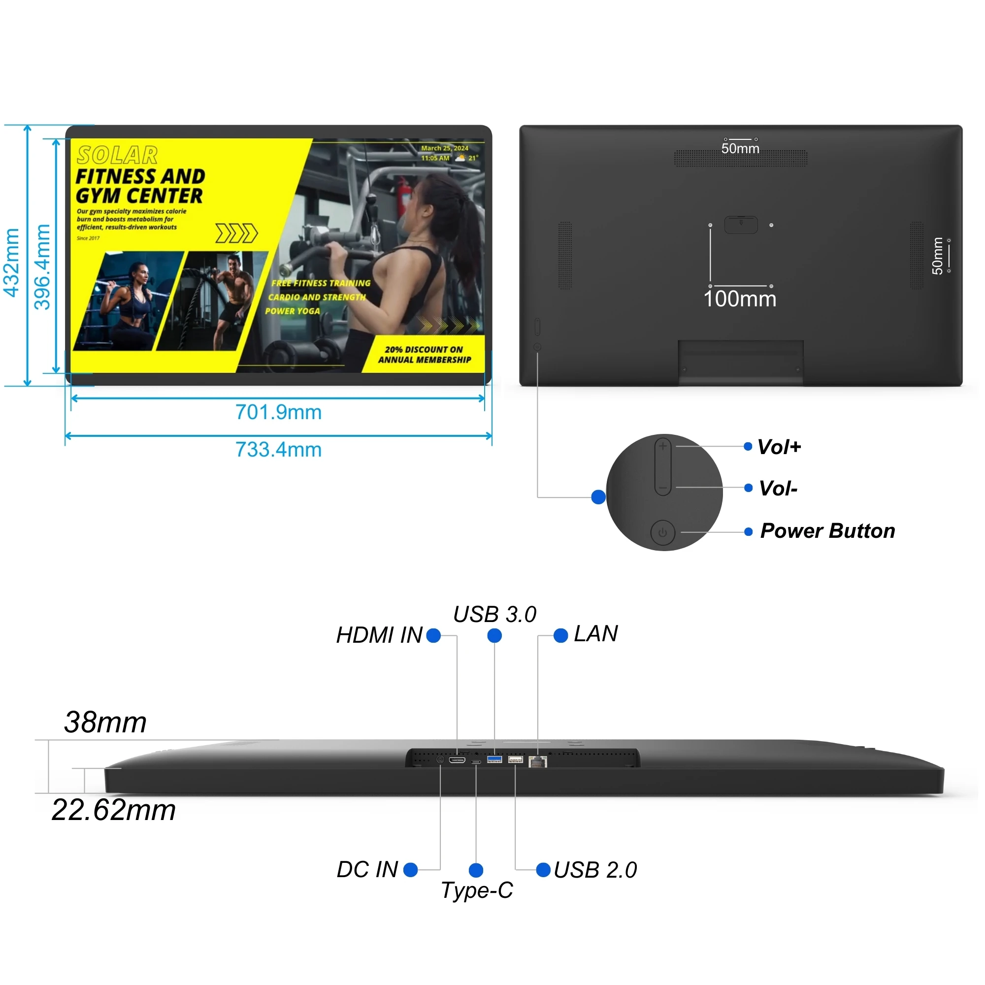 32 Inch Wall Mount LCD Touch Screen Android13 4+32Gb Optional POE NFC 6 TOPS AI Performance Digital Signage Display for Business