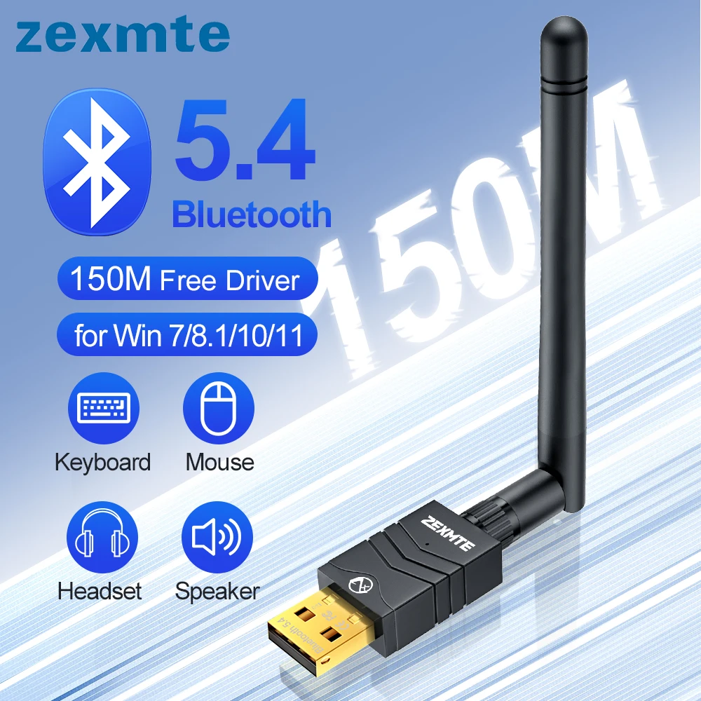 Zexmte 150m USB Bluetooth Adapter Wireless 5,4 Dongle für Windows 11/10/8/1/7 Lautsprecher Musik Audio Empfänger Sender Adaptador