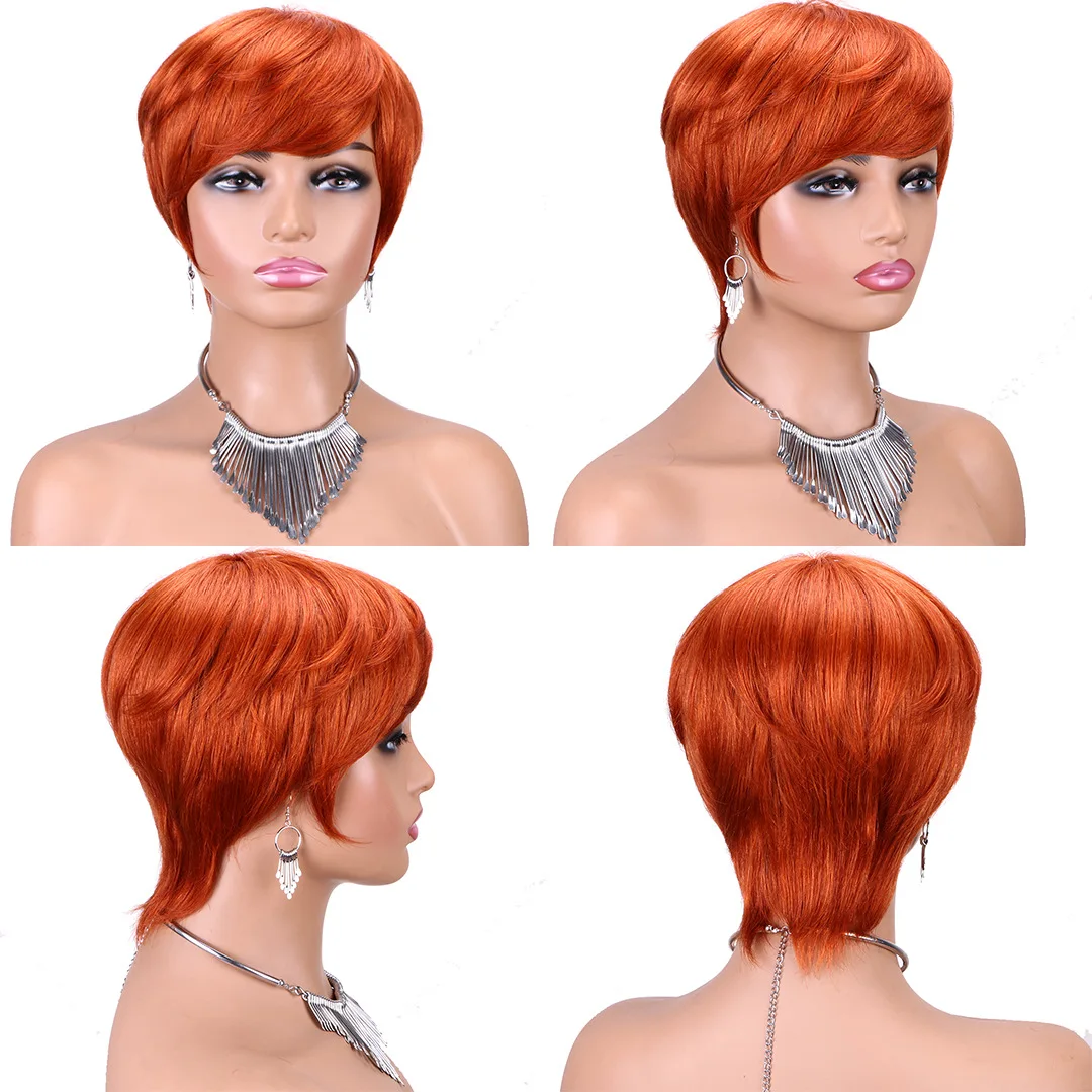 350# Short Pixie Cut Human Hair Wigs With Bangs For Women Machine Made Wig 100% Remy Human Hair Extension Wig Brazilian Hair